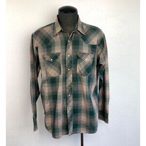 Lee Mens Green Plaid Shirt XL Pearl Snap Cotton Blend Lightweight Western Cowboy